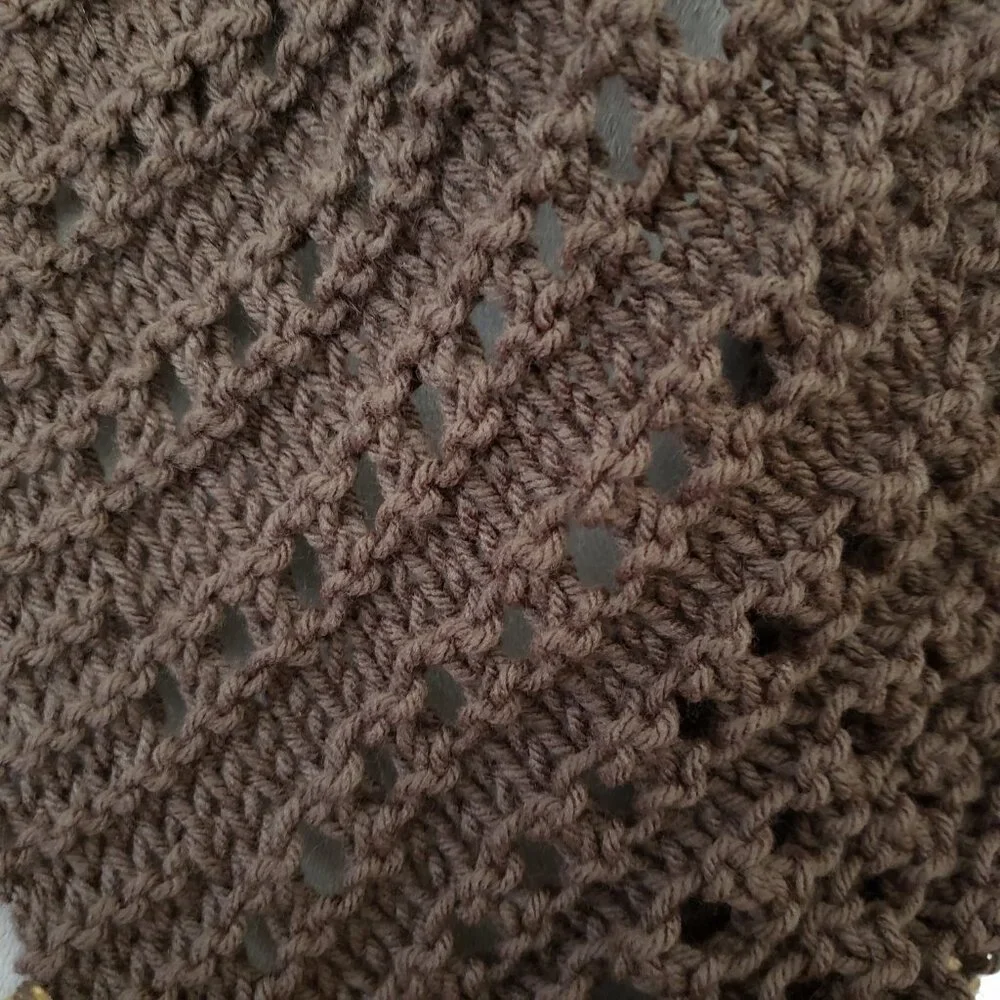 NEW Hand‎ Knitted Brown Gold Boho Cowl Scarf Fringe Eyelet Boho Cottage Earthy
